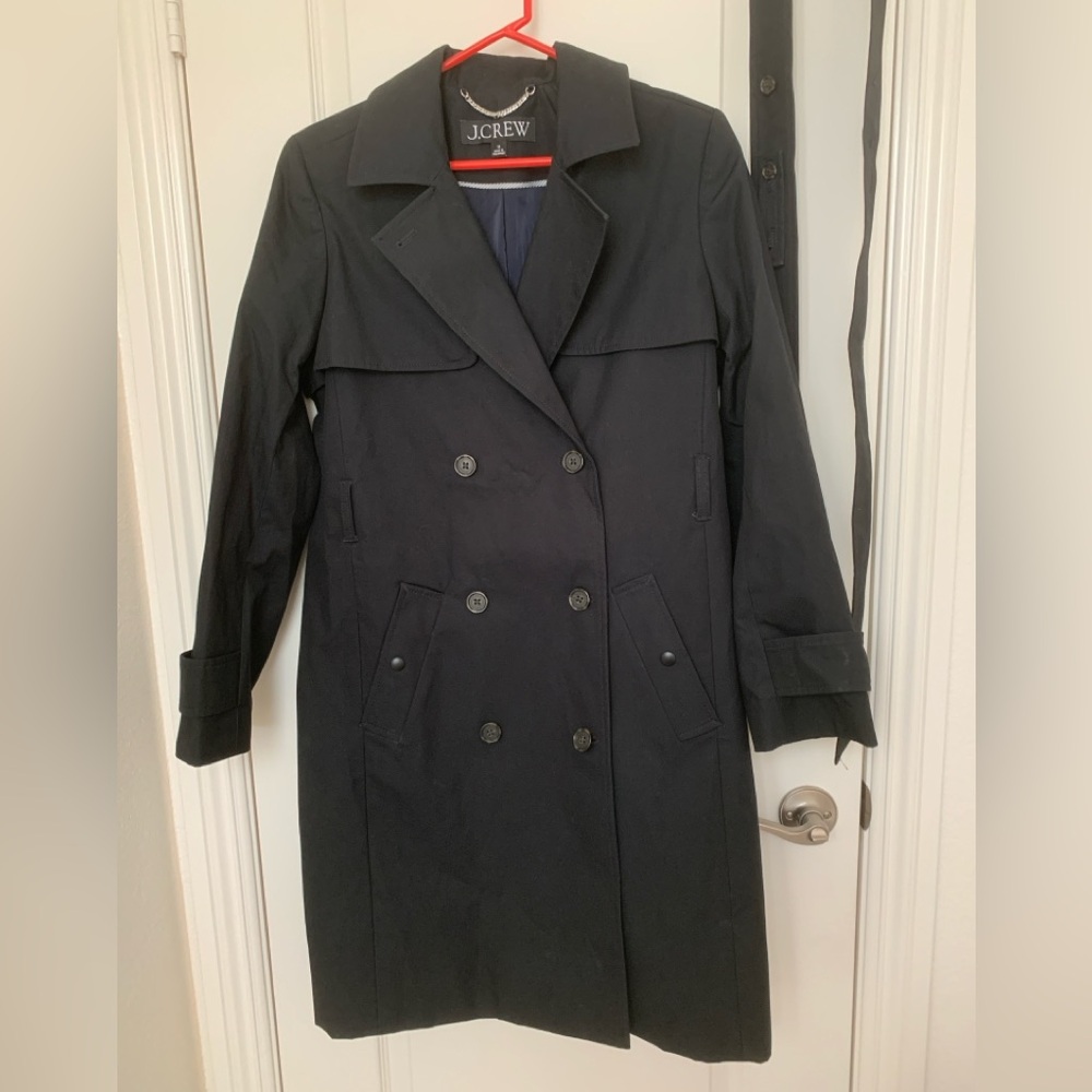 J.Crew Icon Trench Coat Double Breasted Navy Belted Large 12 EUC